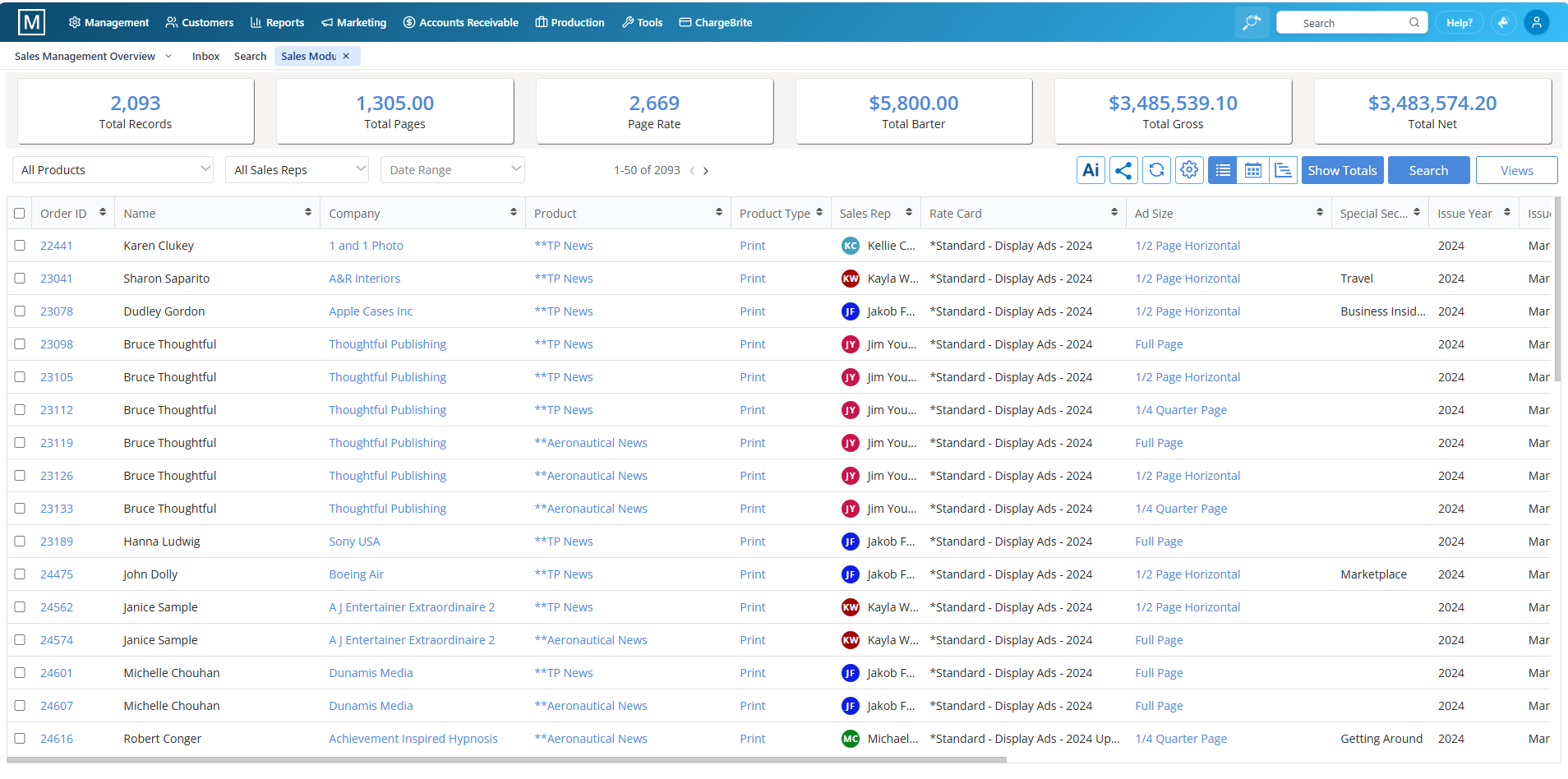 Magazine Manager sales module showing ad orders, billing, and invoice management