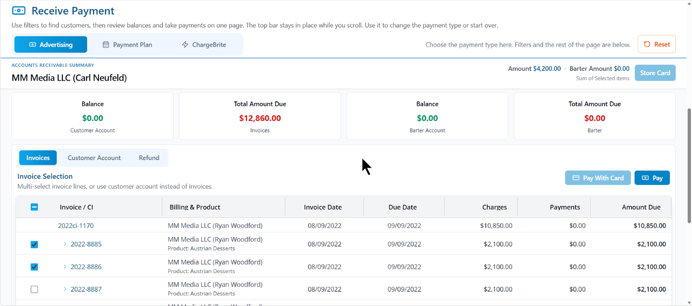Magazine Manager payment and invoice management interface