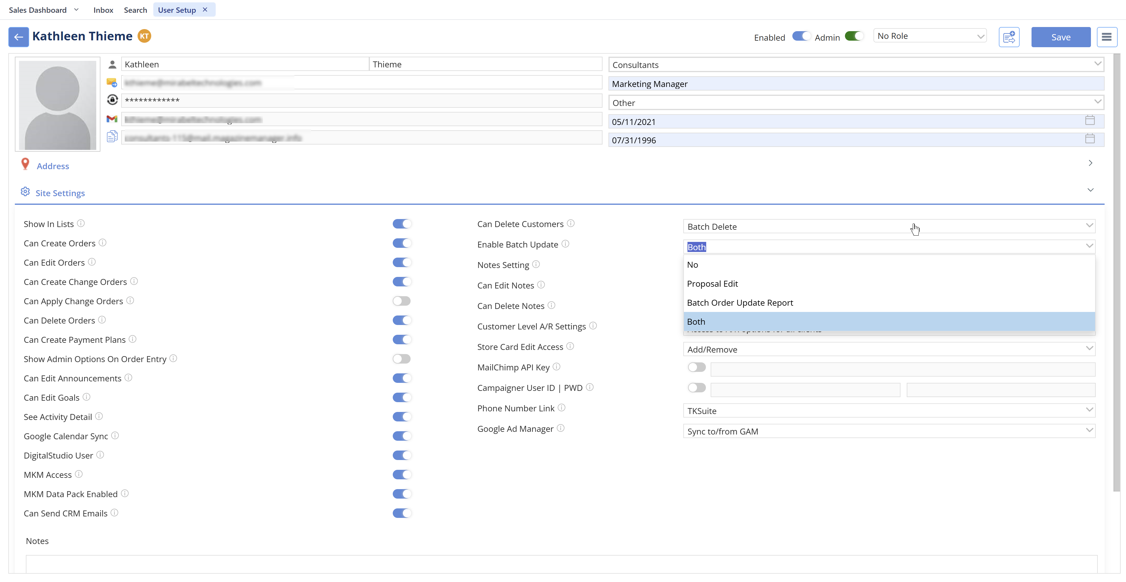 User Setup showing role-based permissions and access controls