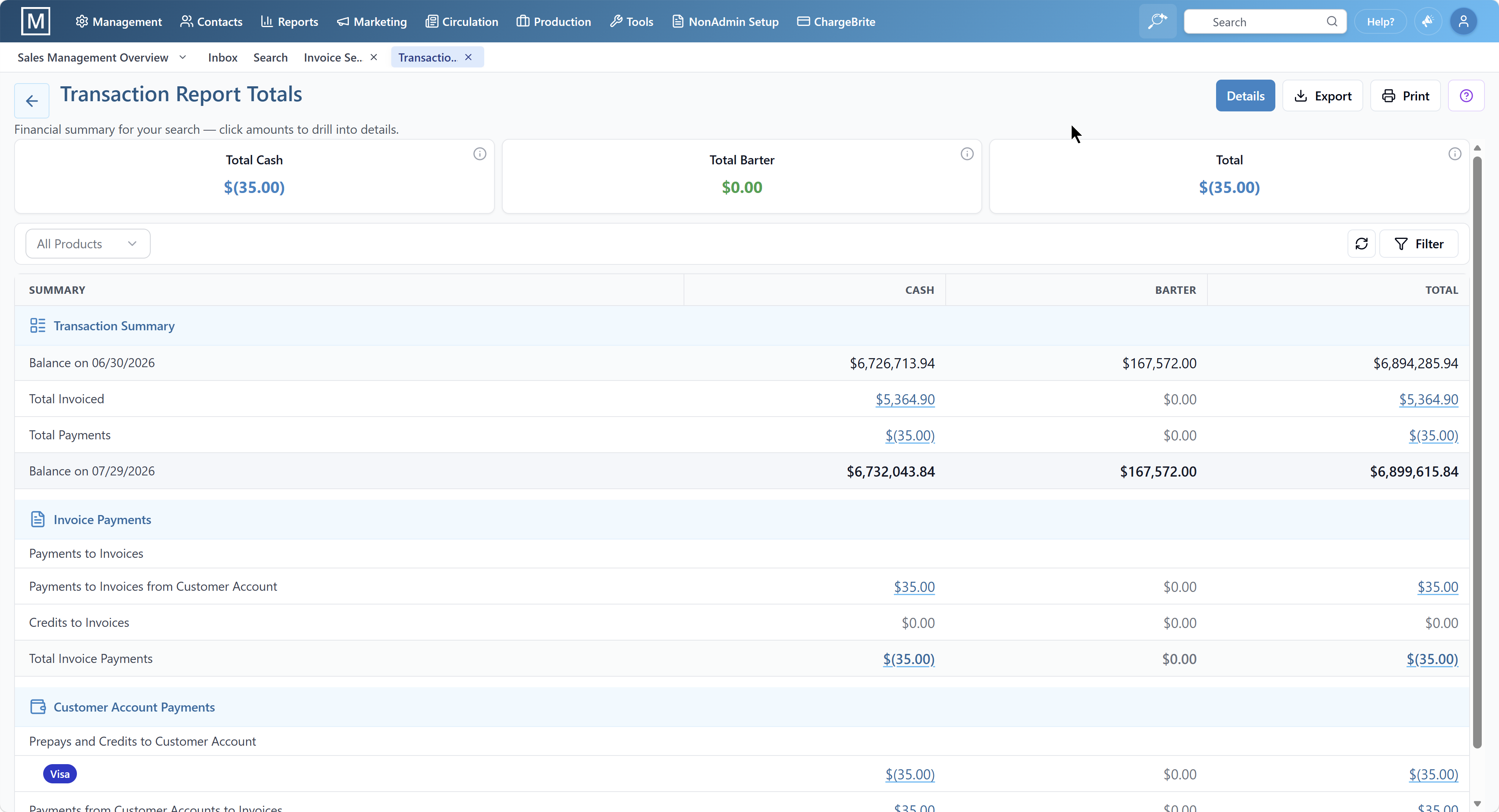 Transaction Report Totals showing invoiced amounts, payments, and balances