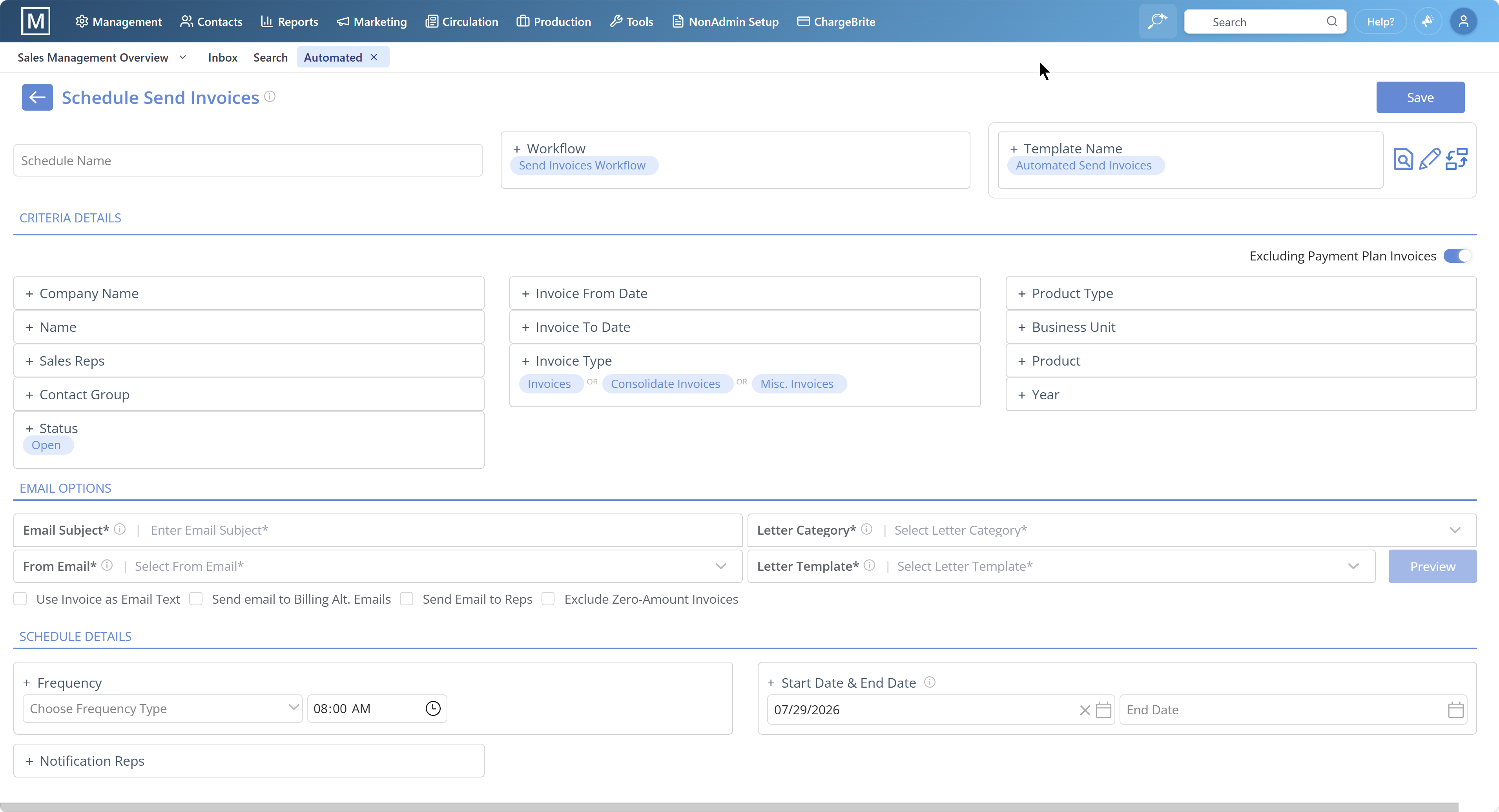 Automated invoice schedules with criteria, email options, and send frequency
