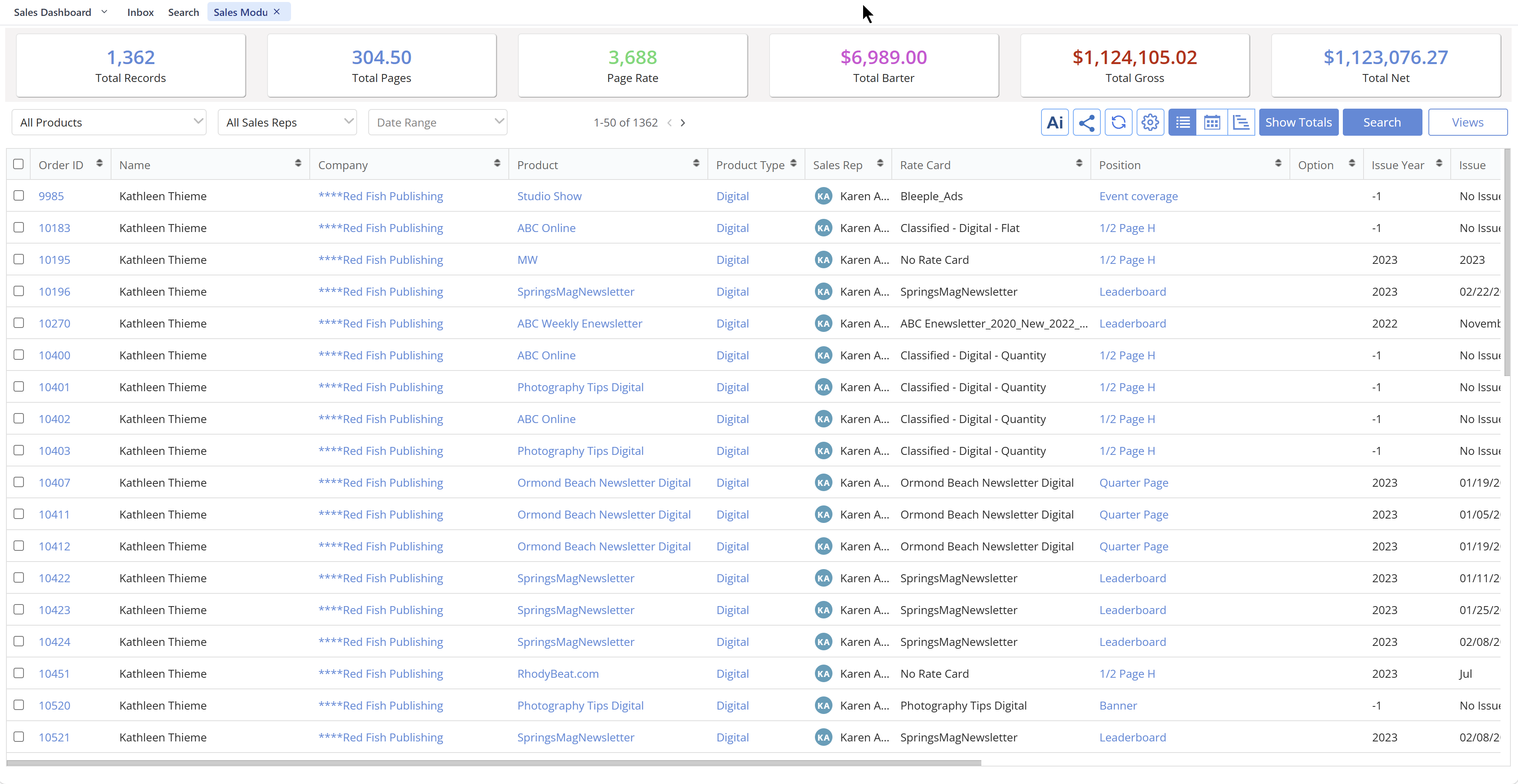 Sales module showing the ad sales pipeline with orders, reps, and rate cards