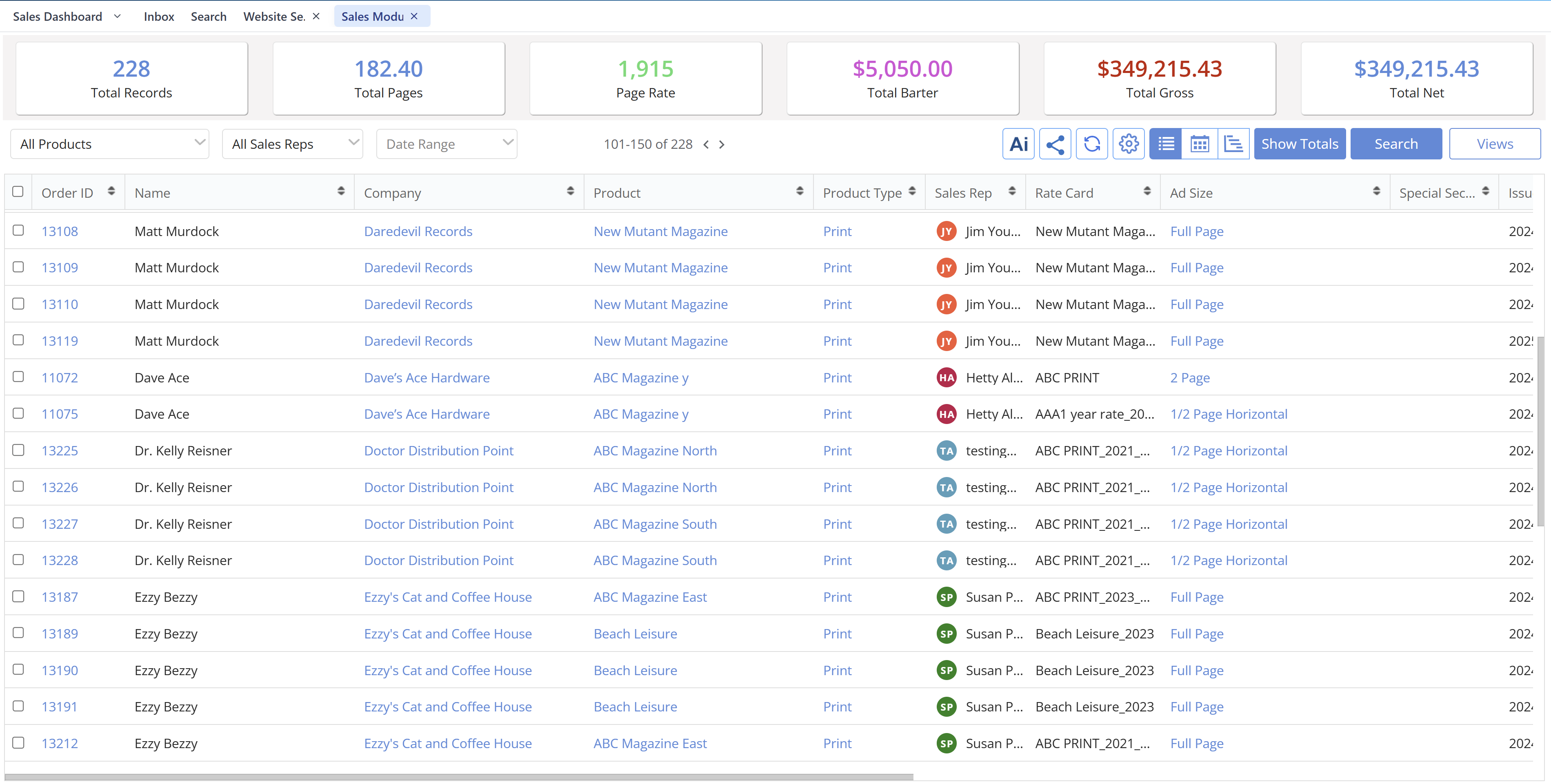 Sales module showing order records with totals for pages, gross, and net