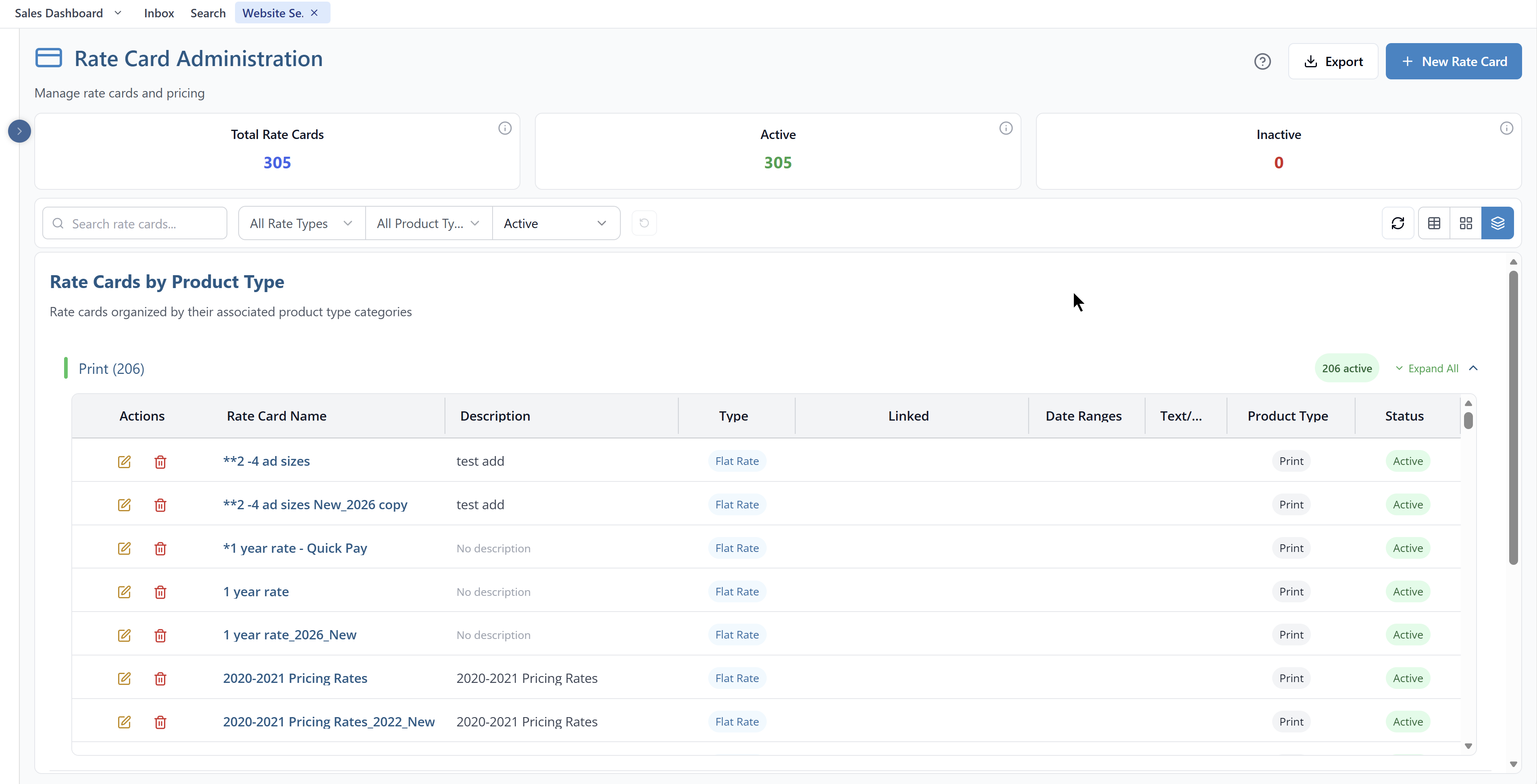 Rate Card Administration showing rate cards organised by product type