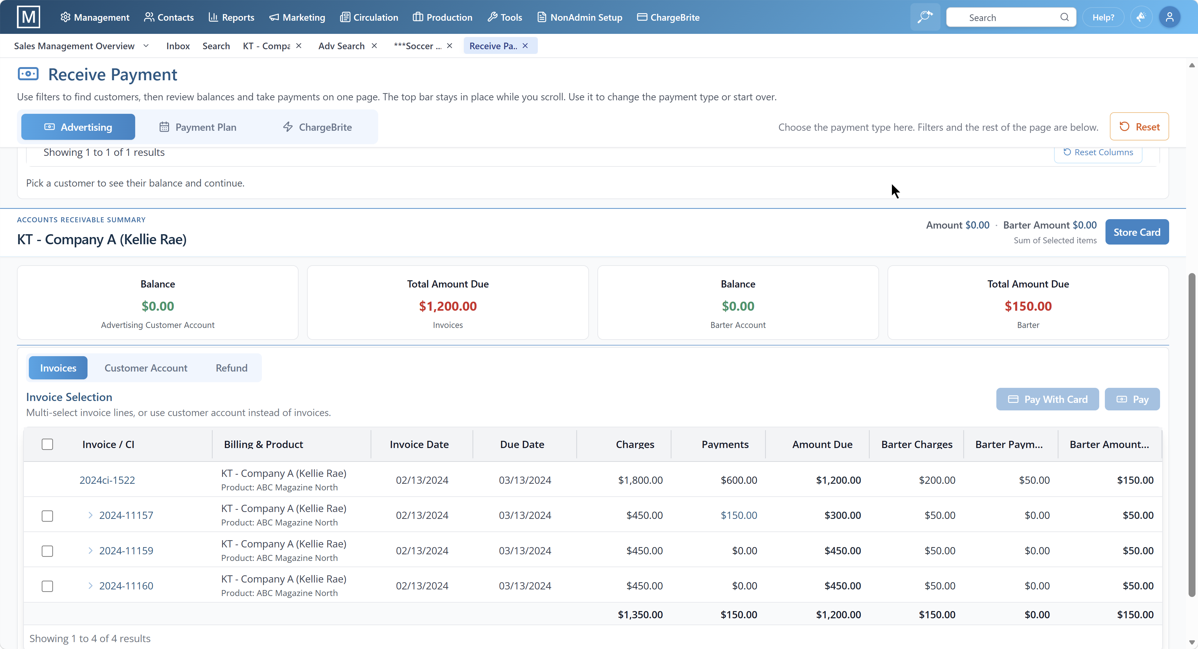 Receive Payment screen showing advertiser balances, invoices, and payment history