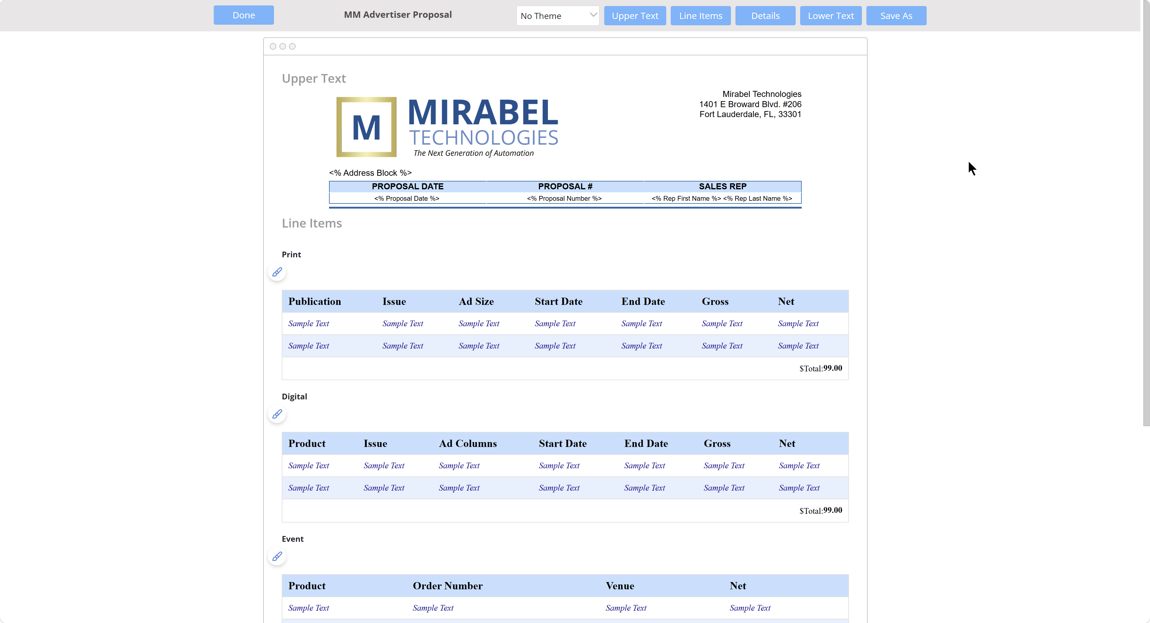 Reusable proposal template with print, digital, and event line items