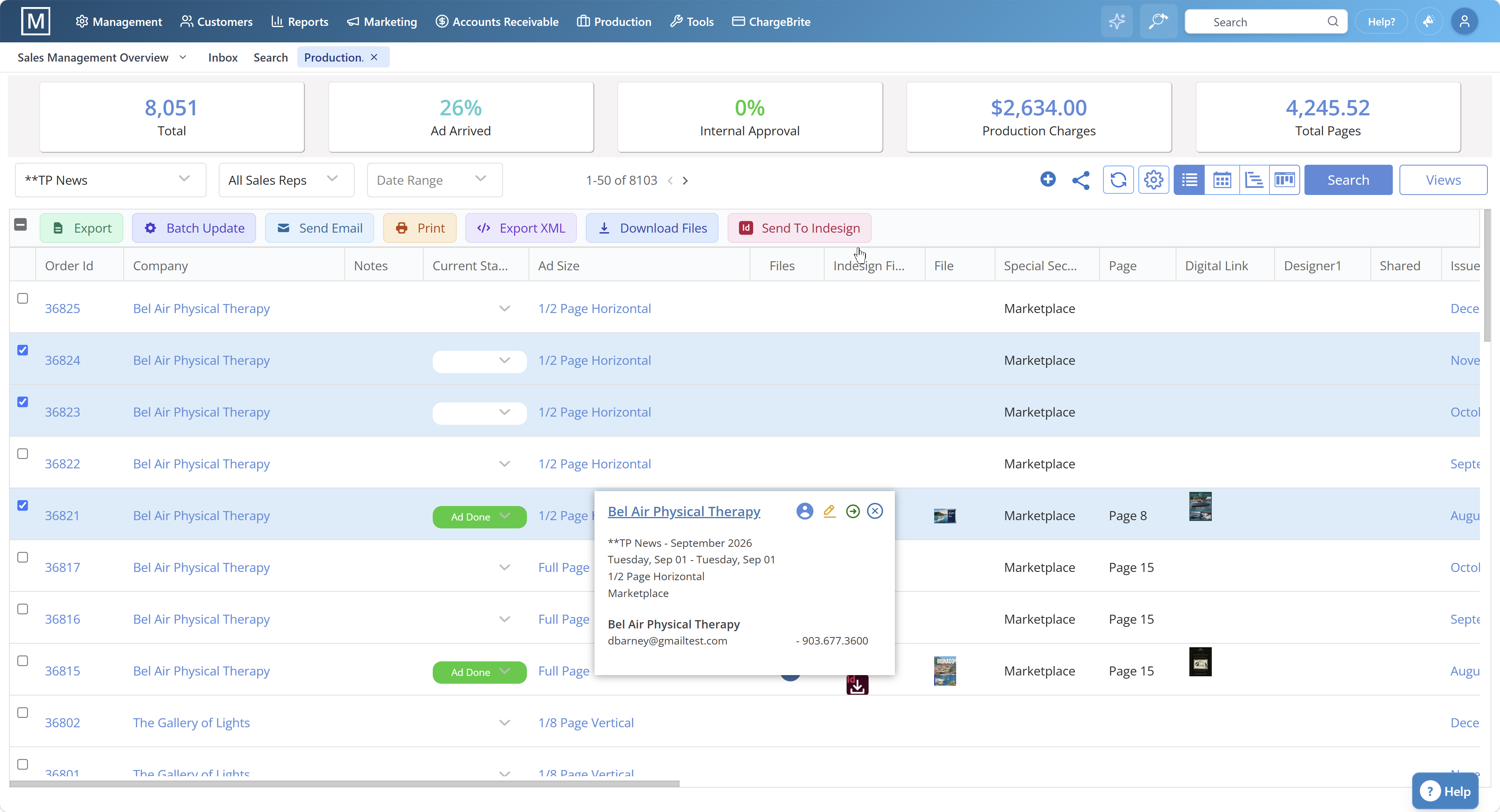 Production module showing every ad order's stage, proofs, and page counts