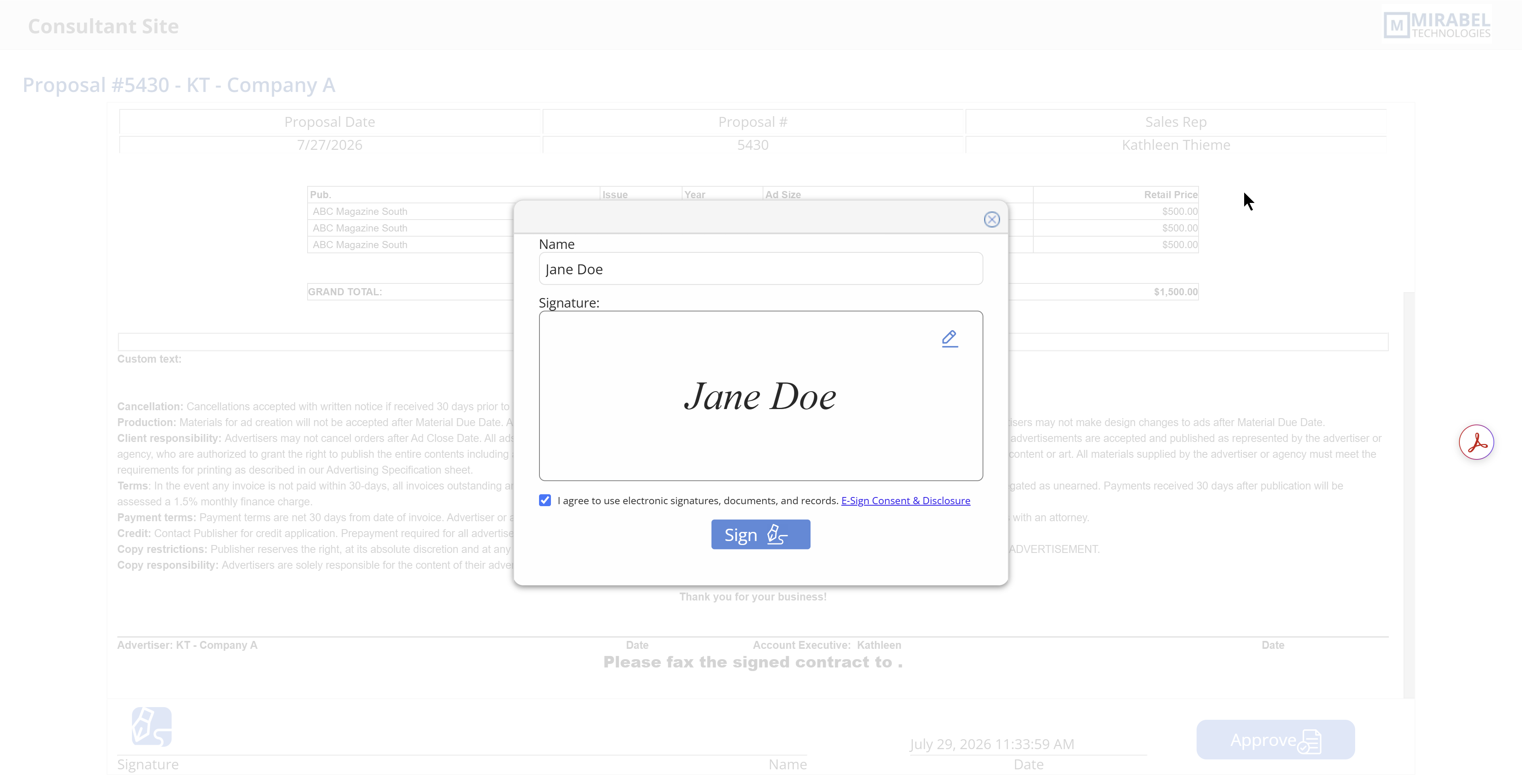 Automated proposal approval with client e-signature on a multimedia proposal