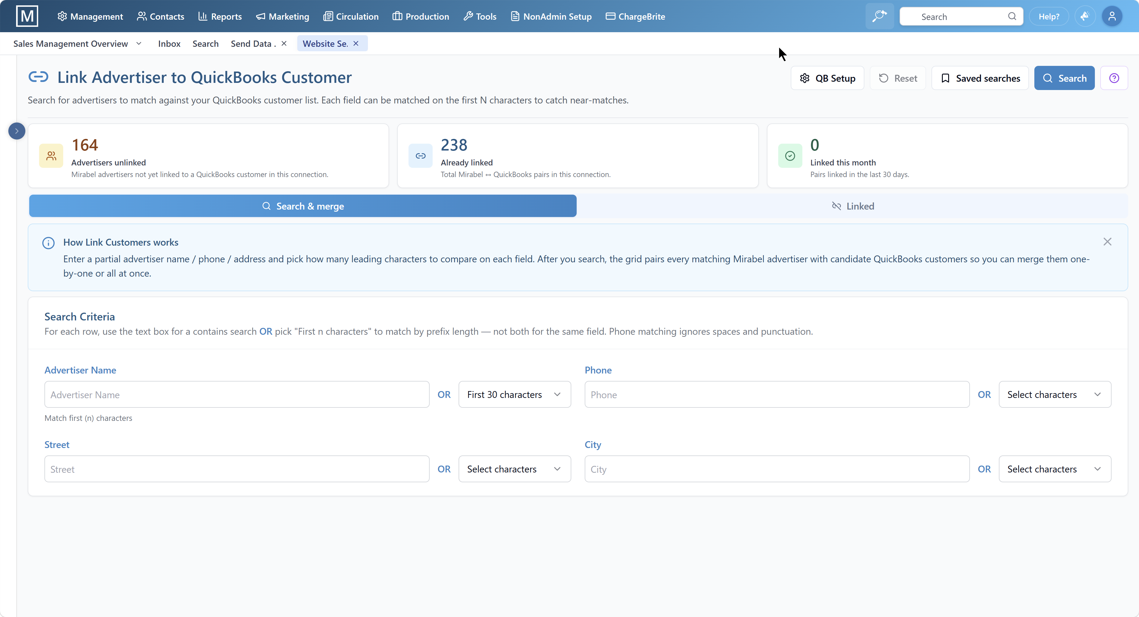 Link Advertiser to QuickBooks Customer, matching advertisers to accounting records