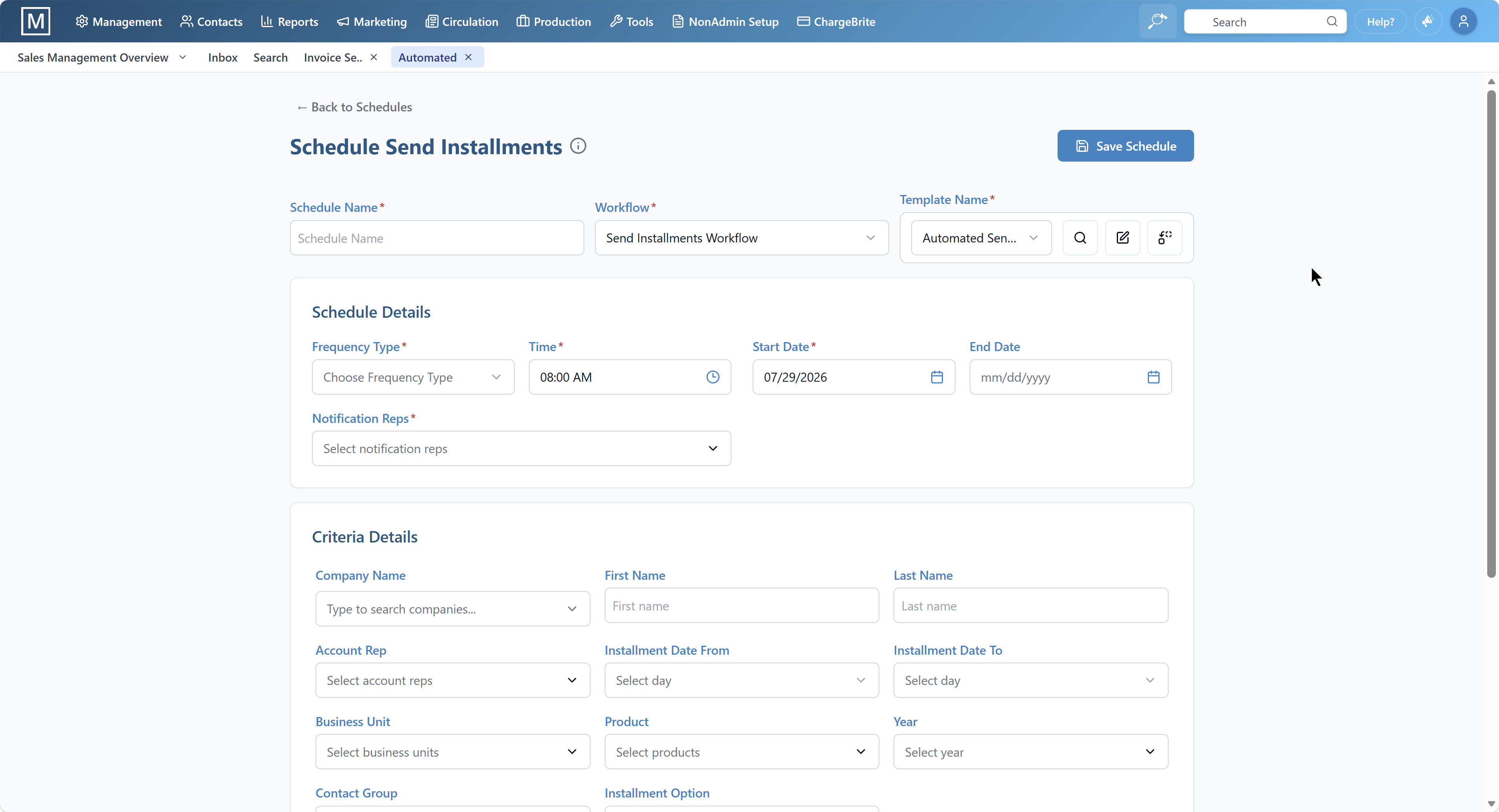 Schedule Send Installments showing automated installment invoicing