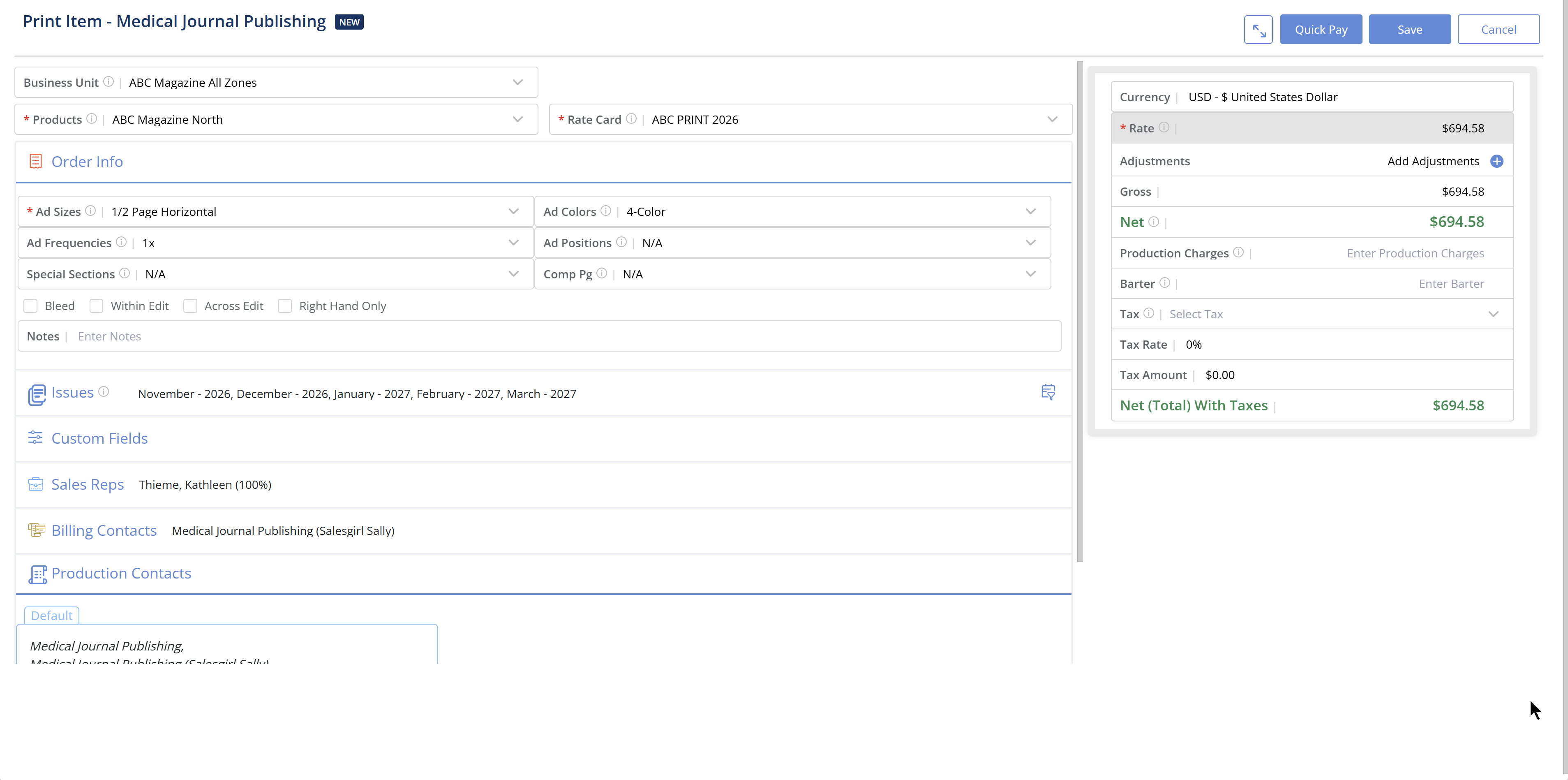 Ad order entry showing print item details, rate card, issues, and net totals