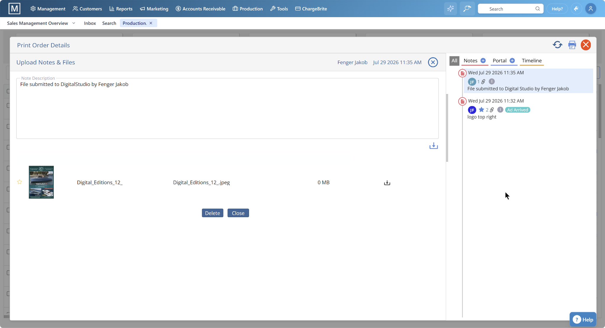 Job Jacket upload attaching material files and notes to a production order