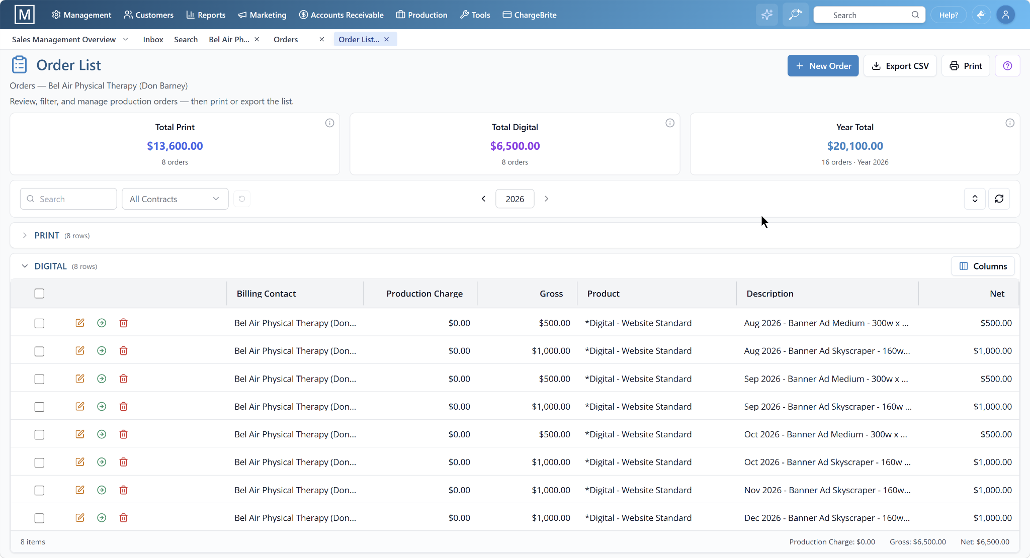 Order List showing print and digital ad orders with production charges, gross, and net