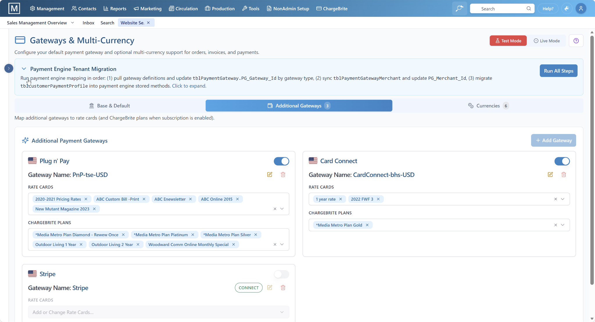 Gateways and multi-currency setup showing integrated payment gateways
