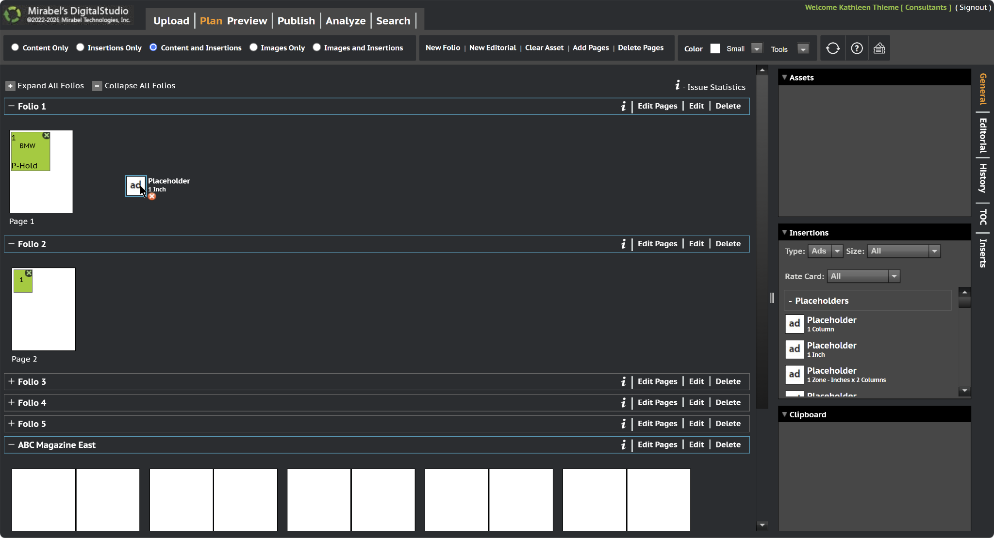 Mirabel's Digital Studio flatplan showing folios and page placeholders